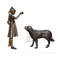 Life size outdoor garden antique metal bronze girl with dog sculpture statue